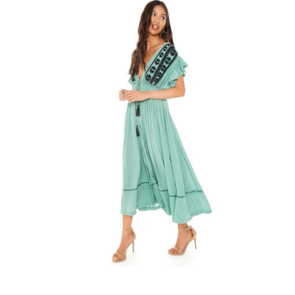 Free People Bali Will Wait For You Green Black Midi Dress Medium